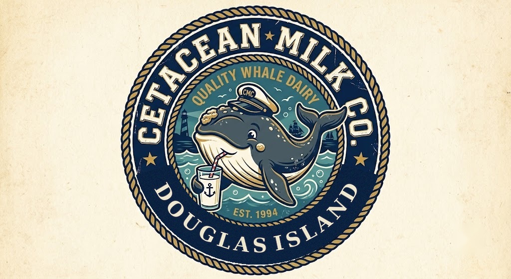 The original 1994 Cetacean Milk Co. crest: a cartoon whale in a captain's hat drinking a glass of milk, ringed by rope