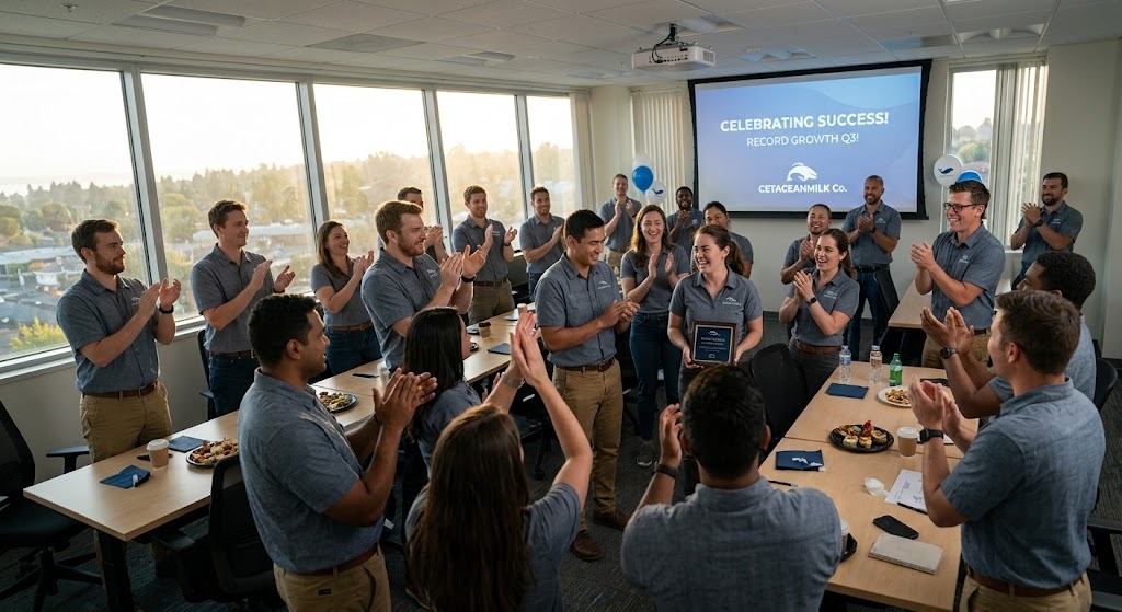 The Cetacean Milk Co. team celebrating record Q3 growth at Protection Island HQ